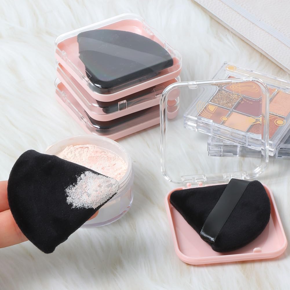 Ocim 4 Pcs Triangle Powder Puffs for Face Powder,Soft Velour Triangular Beauty Puff,Makeup Pressed, Baking & Setting Powder Sponge Applicator Pads with Case,black-GlimoraGlow