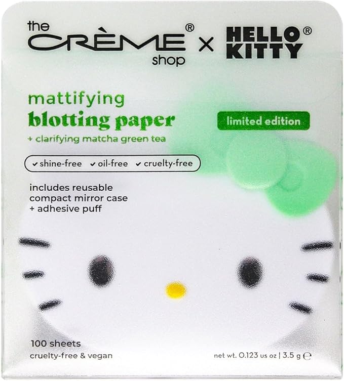 The Crème Shop x Hello Kitty Matcha Blotting Papers + Reusable Compact Mirror - Hello Kitty Collaboration for Oil Control and On-the-Go Touch-ups (Matcha Color Ribbon)-GlimoraGlow