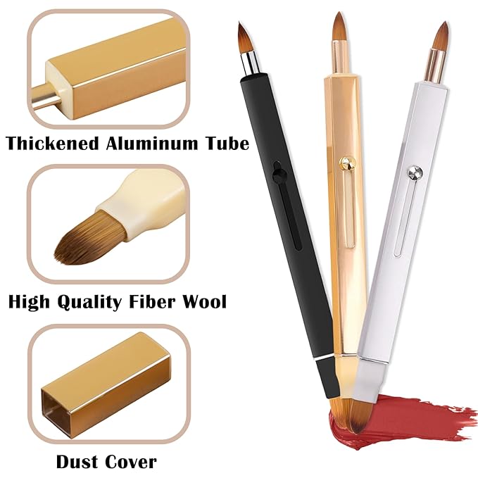 3 Pack Lip Brush for Lipstick Makeup Brushes Double-Ended Retractable Lip Brush with Cap Dustproof for Lipstick Gloss Creams Portable with Cap(Black + Gold + Silver)-GlimoraGlow