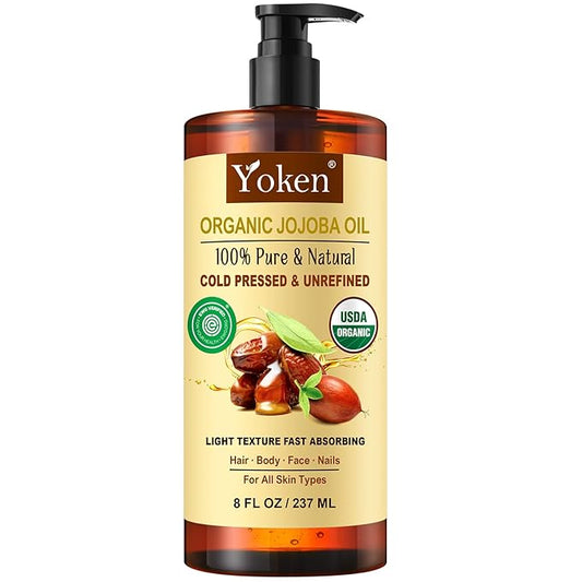 Yoken USDA Organic Jojoba Oil Cold Pressed 8 fl oz, 100% Pure & Natural Unrefined Jojoba Oil for Face Hair & Skin Massage, Hexane Free, Deeply Moisturizing Body Carrier oils Multi-Purpose Serum-GlimoraGlow