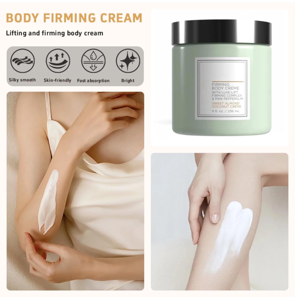 Champagne Lift Body Creme,lift firming body creme, with Luxe-Lift Firming Complex & Pink Pepperslim,Deep Hydration & Smoothing, Hydrates Dry Skin Arms & Legs(Sweet Almond Coconut)-GlimoraGlow