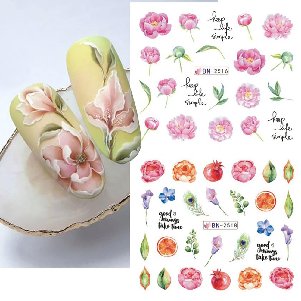 12 Sheets Flower Nail Water Transfer Decals, Nail Art Stickers for Women, Holographic Colorful Flower Leaf Patterns Nail Designs Supplies, Acrylic Nails Decorations DIY Resin Nail Decal Tattoos Set-GlimoraGlow