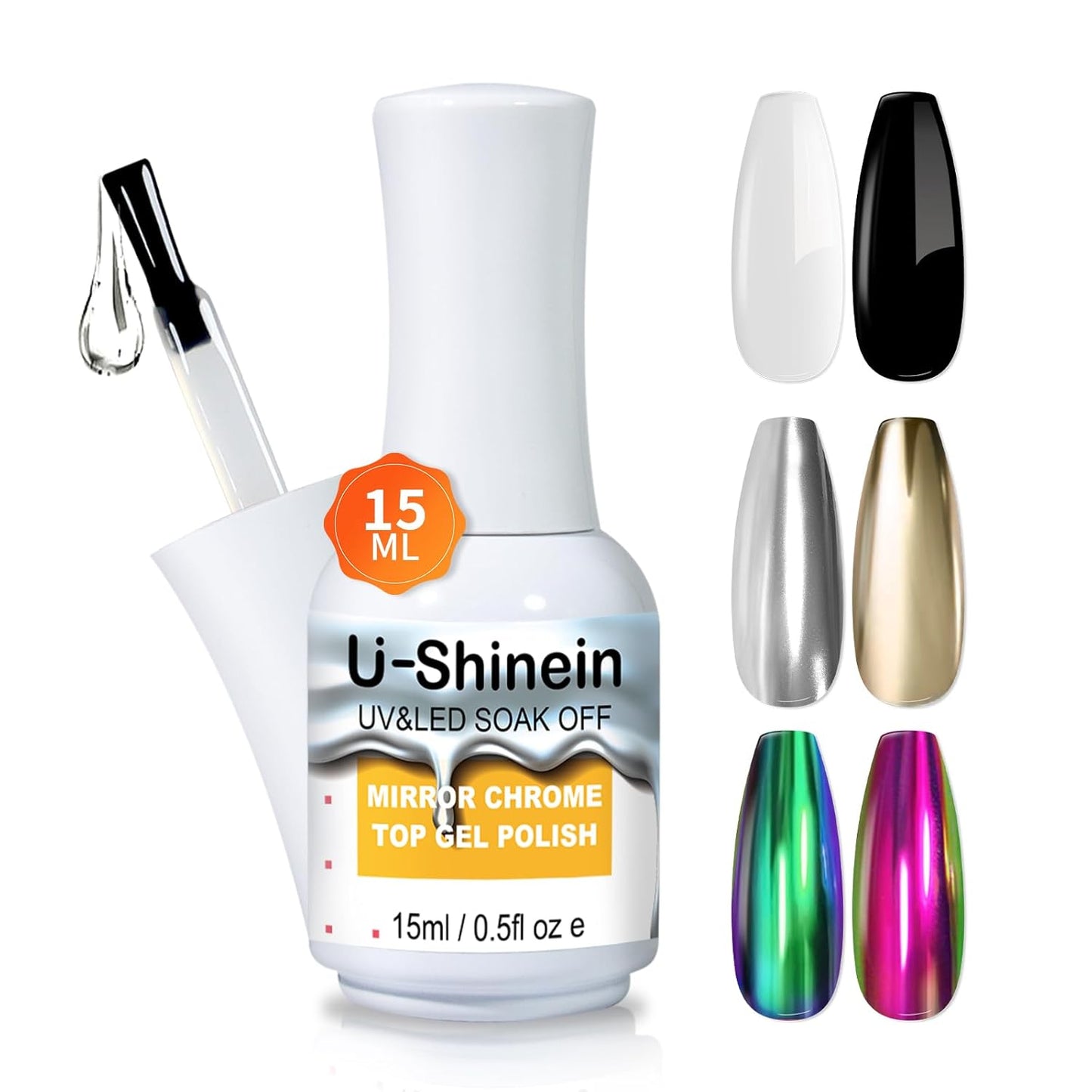 15ml Top Coat for Metallic Painting Gel, No Wipe Top Gel Polish for Metallic Gel Nail Polish, Chrome Nail Polish, Chrome Nail Powder, Mirror Nail Gel, Easy to Make Mirror Chrome Effect-GlimoraGlow