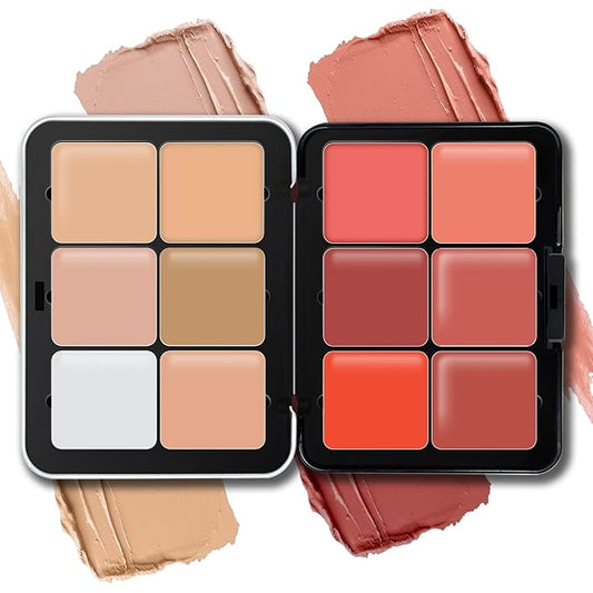12 Colors Cream Blush Palette, Color Correcting Concealer Foundation Palette, Long Wearing Smudge Proof Blendable Matte Finish Blush Powder Highlighter and Cream Contour Palette Makeup (01)-GlimoraGlow