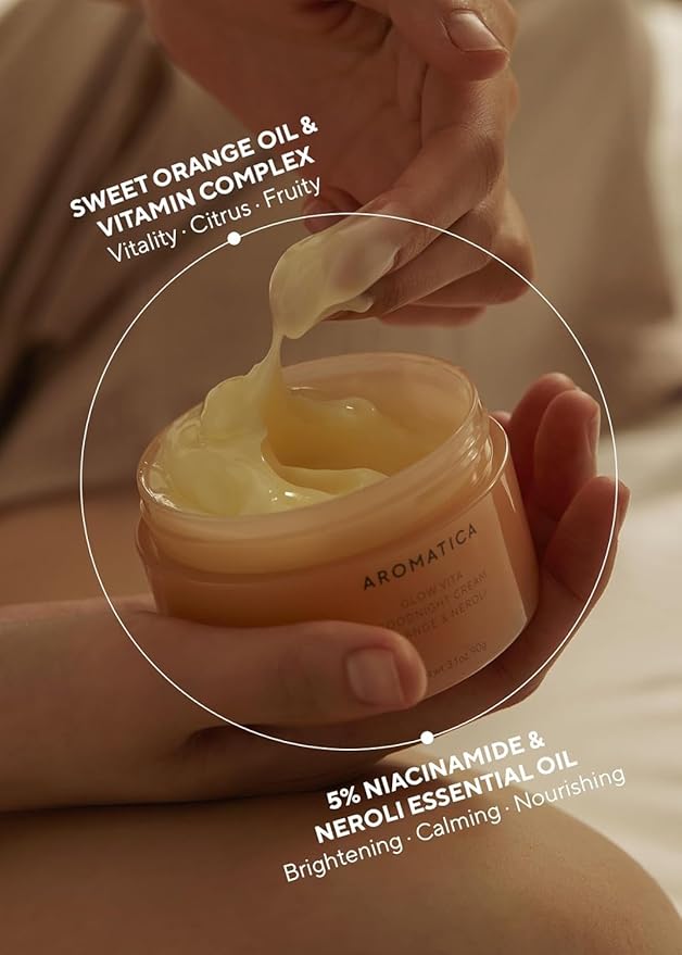 AROMATICA Glow Vita Goodnight Cream Orange & Neroli 3.1fl oz/90g - Night Cream Moisturizer For Face & Neck | Anti Aging Wrinkle Cream with Vitamin C, 5% Niacinamide-GlimoraGlow