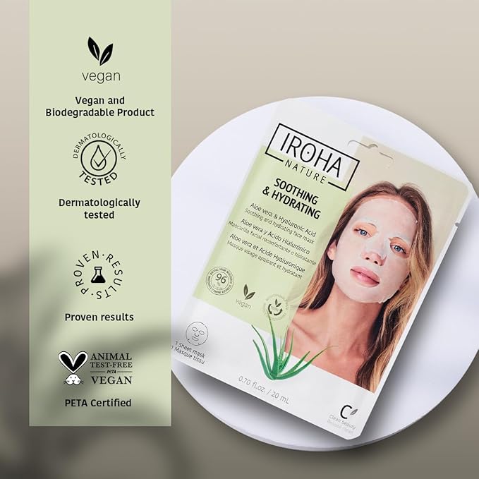 IROHA NATURE Comforting & Hydrating Tissue Face Mask with Aloe Vera | 15 Pieces | Aftersun Effect | 96% Natural Ingredients-GlimoraGlow