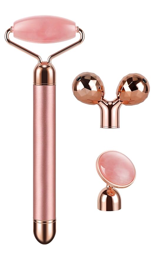 3-IN-1 Electric Jade Roller 3D Roller Facial Roller & Face Massager, Rose Quartz-GlimoraGlow
