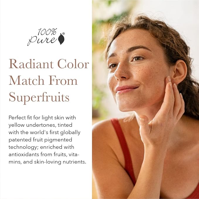 100% PURE Healthy Foundation Full Face Coverage Makeup, Liquid Matte Finish with Anti-Aging Benefits - Vegan Gorgeous Fruit Pigmented White Peach Color (Light with Warm Undertone) - 1 Fl Oz-GlimoraGlow