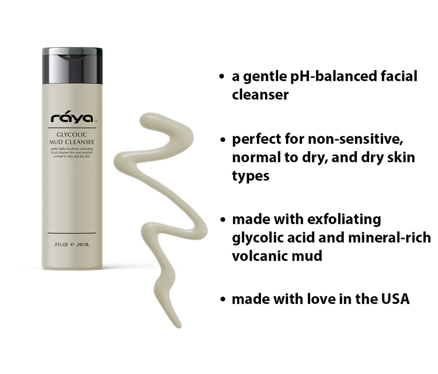 Raya Glycolic Mud Facial Cleanser with AHA 8 oz (G-103) | Exfoliating pH Balanced Facial Cleansing Fluid for Non Sensitive, Dry and Combination Skin | Made with Alpha Hydroxy Acid and Volcanic Mud-GlimoraGlow