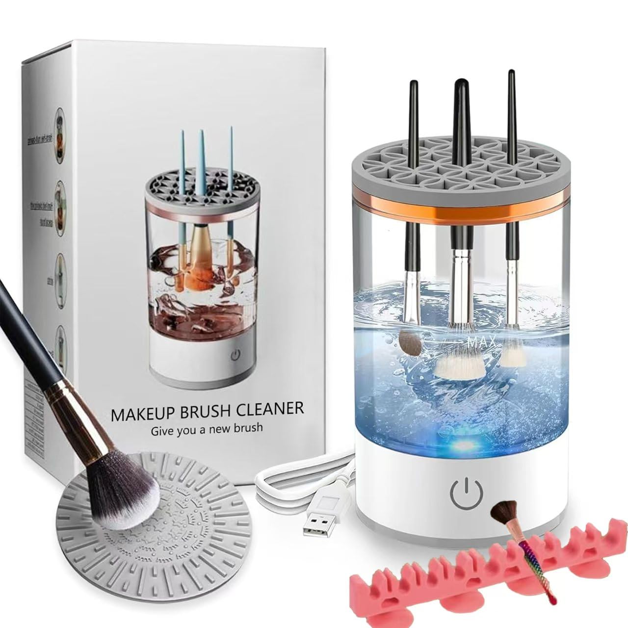 Makeup Brush Cleaner Machine, Portable Electric Makeup Brush Cleaner, Efficient Deep Cleaning Makeup Brushes, Automatic Spinning Make Up Brush Cleaner Fit for All Size Cosmetic Brush (White)-GlimoraGlow