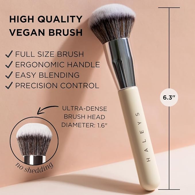 HALEYS Kabuki Makeup Brush VEGAN+CRUELTY-FREE, Sustainable Wood, Vegan Bristles for Airbrushed Finish, For Creams, Liquids, Powder, Streak-free, Perfect Blending, Buffs, Blurs, Smooths with Control-GlimoraGlow