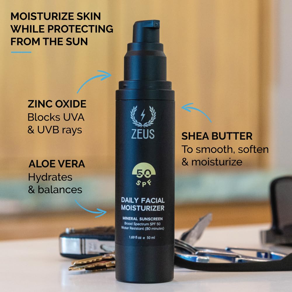 ZEUS Men's Daily Defense SPF50 Face Moisturizer for Men, Natural & Organic, Zinc Oxide Face Moisturizing Mineral Sunscreen, Hydrates & Protects Skin Against Harmful UV Rays (Made in USA)-GlimoraGlow