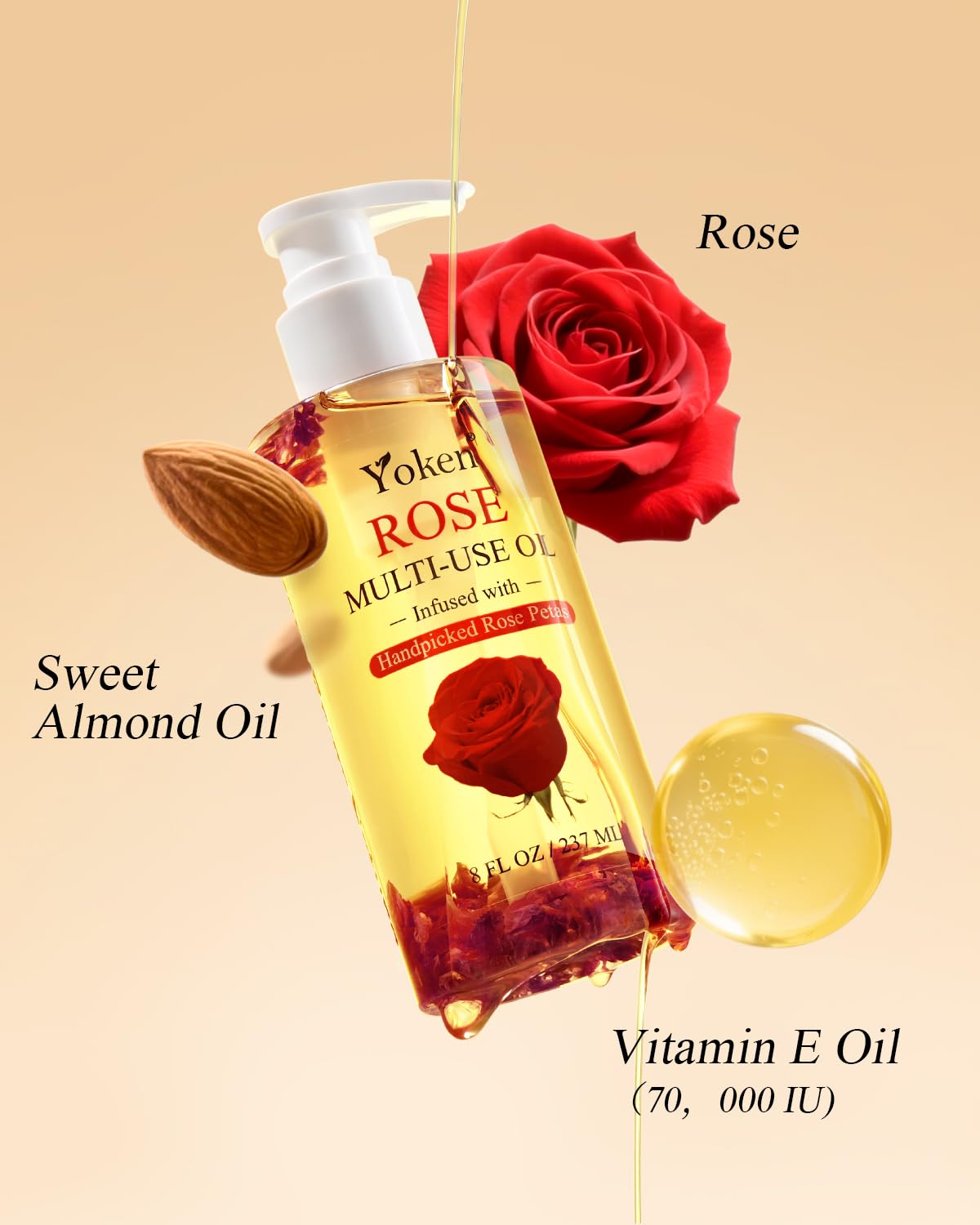 Yoken Multi-Used Body Oil For Skin,Face,Hair and Nails,Multi Purpose Organic oil With Rose Petals,Vitamin E & Almond Oil Nourishing & Hydrating,Body Oil for Moisture & Skin After Bath Oil,8 Fl Oz-GlimoraGlow