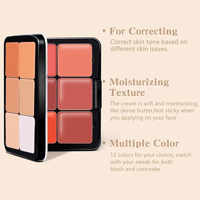 12 Colors Cream Blush Palette, Color Correcting Concealer Foundation Palette, Long Wearing Smudge Proof Blendable Matte Finish Blush Powder Highlighter and Cream Contour Palette Makeup (01)-GlimoraGlow