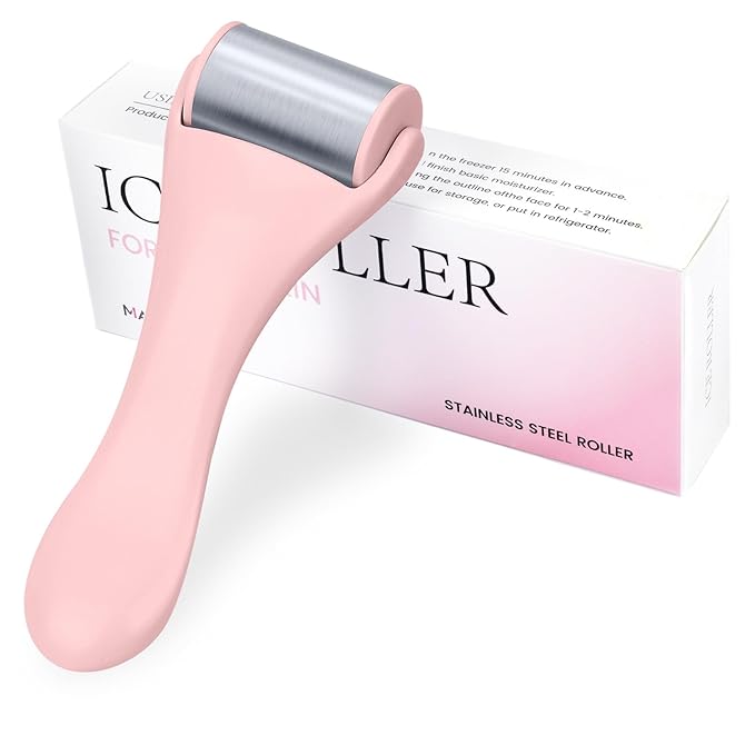 MAANGE Ice Roller for Face 1 Piece Stainless Steel Facial Roller Ice Face Roller for Puffiness,Migraine,Pain Relief and Skin Care (Pink)-GlimoraGlow