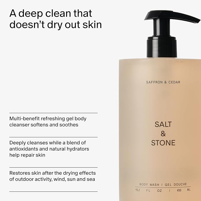 Salt & Stone Body Wash with Antioxidants for Deep Moisture | For Women & Men, Sulfate, Paraben, & Dye Free, Leaving Skin Soft and Hydrated | Saffron & Cedar 32 fl oz-GlimoraGlow
