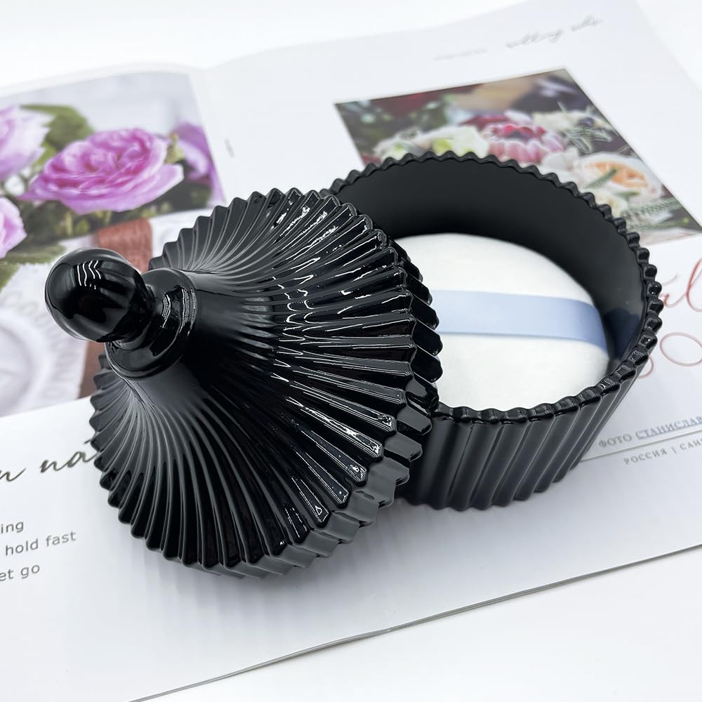 Ultra Soft Powder Puff and Container 3.3" High Density Velvet Dusting Washable Reusable Powder Puff,Body Powder Puff and Glass Jar Holder Loose Powder Box with Puff for Face Makeup(Black)-GlimoraGlow