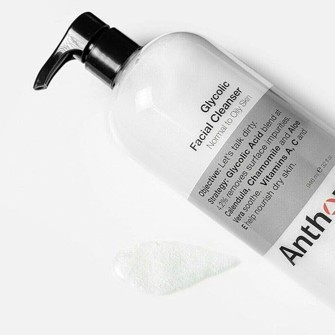 Anthony Glycolic Facial Cleanser for Men, Daily Exfoliating & Hydrating Face Wash, Shave Prep, Non-Foaming, Deep Cleansing, Gentle on Sensitive Skin, Removes Dirt & Oil, Smooths Texture, 32 Fl Oz-GlimoraGlow