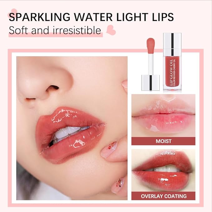 Hydrating Lip Glow Oil, Moisturizing Lip Glow Oil, Nourishing Glossy Transparent Lip Oil, Plumping Lip Oil, Lip Balm, Non-sticky Tinted Toot Lip Balm for Lip Care (BROWN) 0.2 OZ-GlimoraGlow