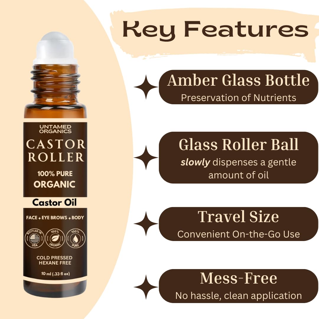 100% Organic Castor Oil Roll On For Eyebrows, Lips, Under Eyes, Eyelashes, Cuticles - Mess Free Roller Ball - Certified Organic, Cold Pressed, Hexane Free - Travel Sized Glass Bottle-GlimoraGlow