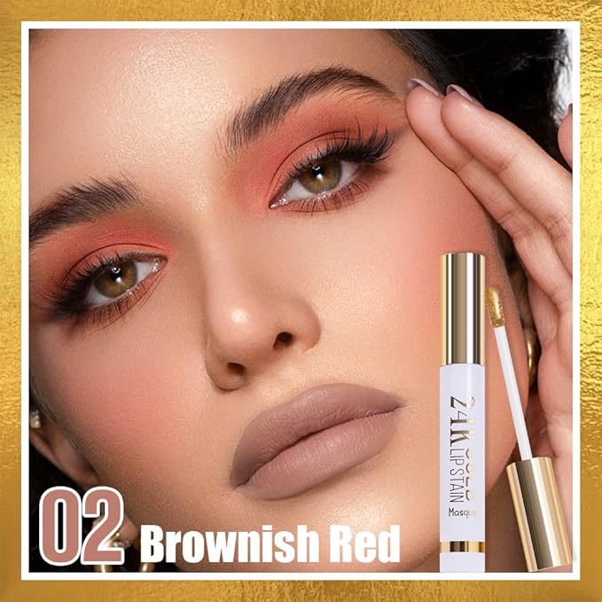 2025 New 24K Gold Liquid Lip Gloss Peel Off Lip Stain Tattoo with Tweezer, Brownish Red Lips Stain Peel Off Masque, Long Lasting Waterproof Lip Tint Stain,Transfer-proof for All Skin Types 02#-GlimoraGlow
