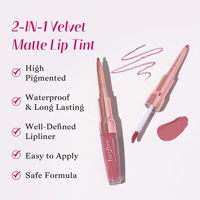 2-IN-1 Lip Liner and Lip Stain, High Pigmented Long Lasting Velvet Lip Tint, Well-Defined Lipliner, Weightless Waterproof Not Animal Tested, Matte Finish Makeup-GlimoraGlow