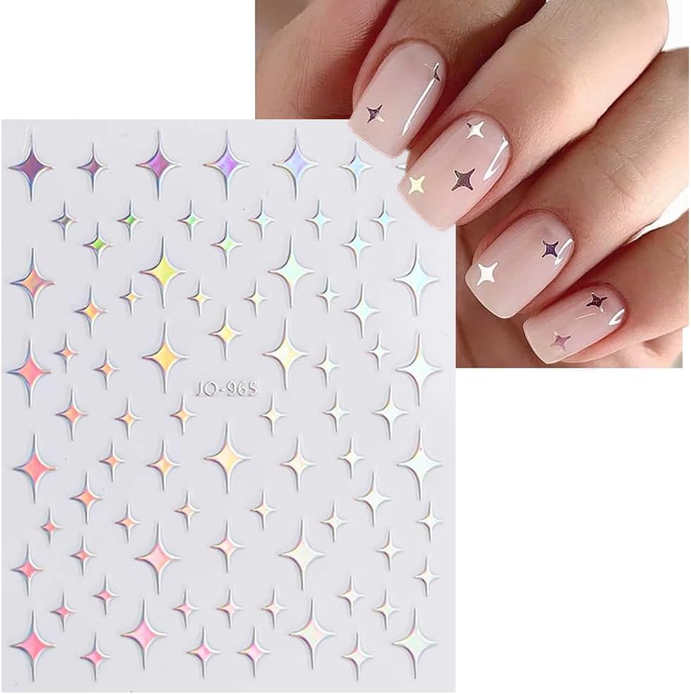 12 Sheets French Line Nail Art Stickers Aurora Star Heart Nail Decals Self-Adhesive Pegatinas Uñas Glitter Holographic Laser Silver Nail Supplies for Women Nail Art Design Decoration-GlimoraGlow