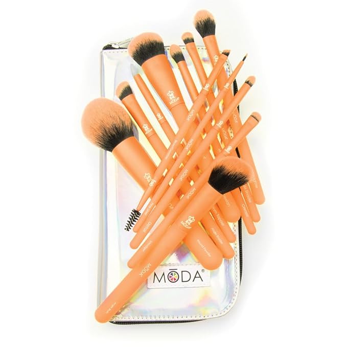 MODA Totally Electric Neon Orange Full Face Makeup Brush Kit – 13pc Vibrant Brush Set for Face & Eyes with Zip Case-GlimoraGlow