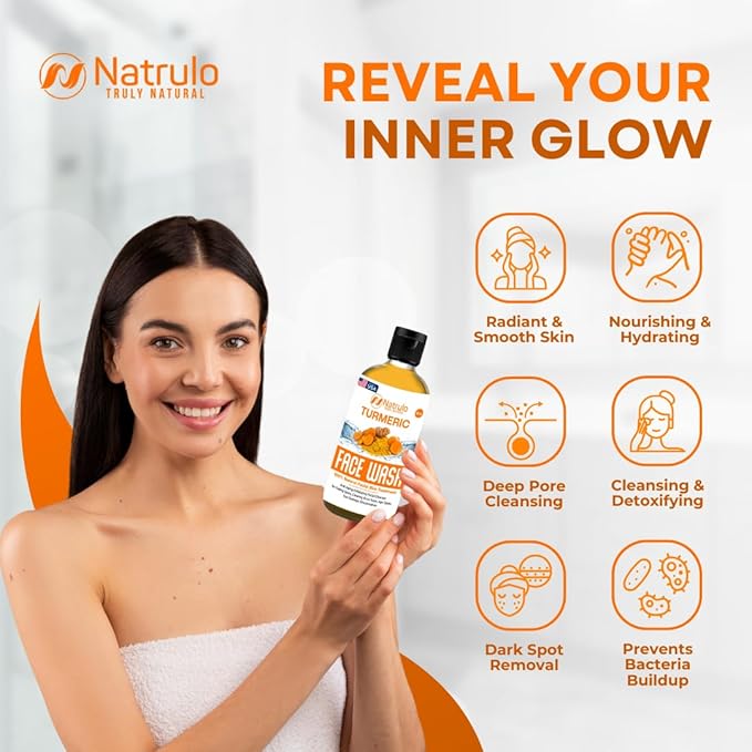 Natrulo Turmeric Face Wash, 4oz Clear Skin Liquid Soap – 100% Natural Anti Aging Exfoliating Turmeric Facial Cleanser for Fading Spots, Clearing Acne Scars, Age Spots, Sun Damage, Discoloration-GlimoraGlow