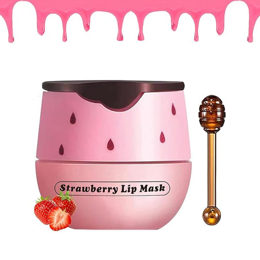 1 PCS Bee Lip Balm Honey Pot, Exfoliating Strawberry Bee Lip Balm Sleeping Lip Mask Overnight with Sticks, Honey Pot Lip Balm Prevention Dry Hydrating and Crack Lip Scrubs-GlimoraGlow
