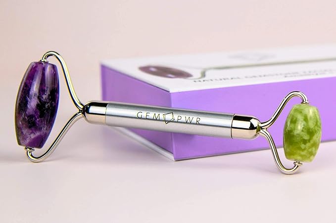 Amethyst + Jade Roller for Face and Neck Massage, Dual Gemstones with Durable Steel Handle and Travel Bag. Minimize Wrinkles, Reduce Puffiness and Restore Skin's Elasticity and Radiance-GlimoraGlow