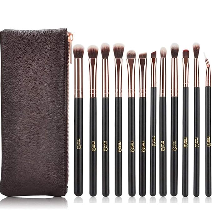 MSQ Eyeshadow Brushes 12pcs Eye Make Up Brush Set with Bag (PU Leather Pouch) Soft Synthetic Hairs for Eyeshadow, Eyebrow, Eyeliner, Blending, Best Gifts - Rose Gold-GlimoraGlow