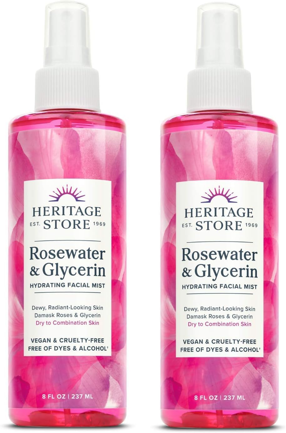 HERITAGE STORE Rosewater & Glycerin 2-pack - Hydrating Facial Mist - Dry Combination Skin Care - Rose Water Spray with Vegetable Glycerine - Made Without Dyes or Alcohol, Hypoallergenic, Vegan, 8oz ea-GlimoraGlow