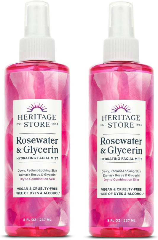 HERITAGE STORE Rosewater & Glycerin 2-pack - Hydrating Facial Mist - Dry Combination Skin Care - Rose Water Spray with Vegetable Glycerine - Made Without Dyes or Alcohol, Hypoallergenic, Vegan, 8oz ea-GlimoraGlow