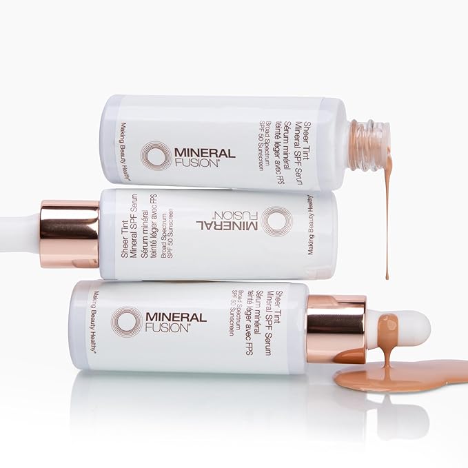 Mineral Fusion Face Serum, Sheer Tint Mineral SPF Serum, 1 Fl Oz, Tan, Tinted Broad Spectrum SPF 50 Mineral Sunscreen, Sheer Coverage, Lightweight & Dewy Finish for Glowing, Protected Skin-GlimoraGlow