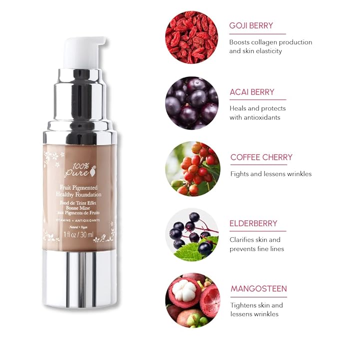 100% PURE Healthy Foundation Full Face Coverage Makeup, Liquid Matte Finish with Anti-Aging Benefits - Vegan Gorgeous Fruit Pigmented Toffee Color (Tan with Neutral Undertone) - 1 Fl Oz-GlimoraGlow