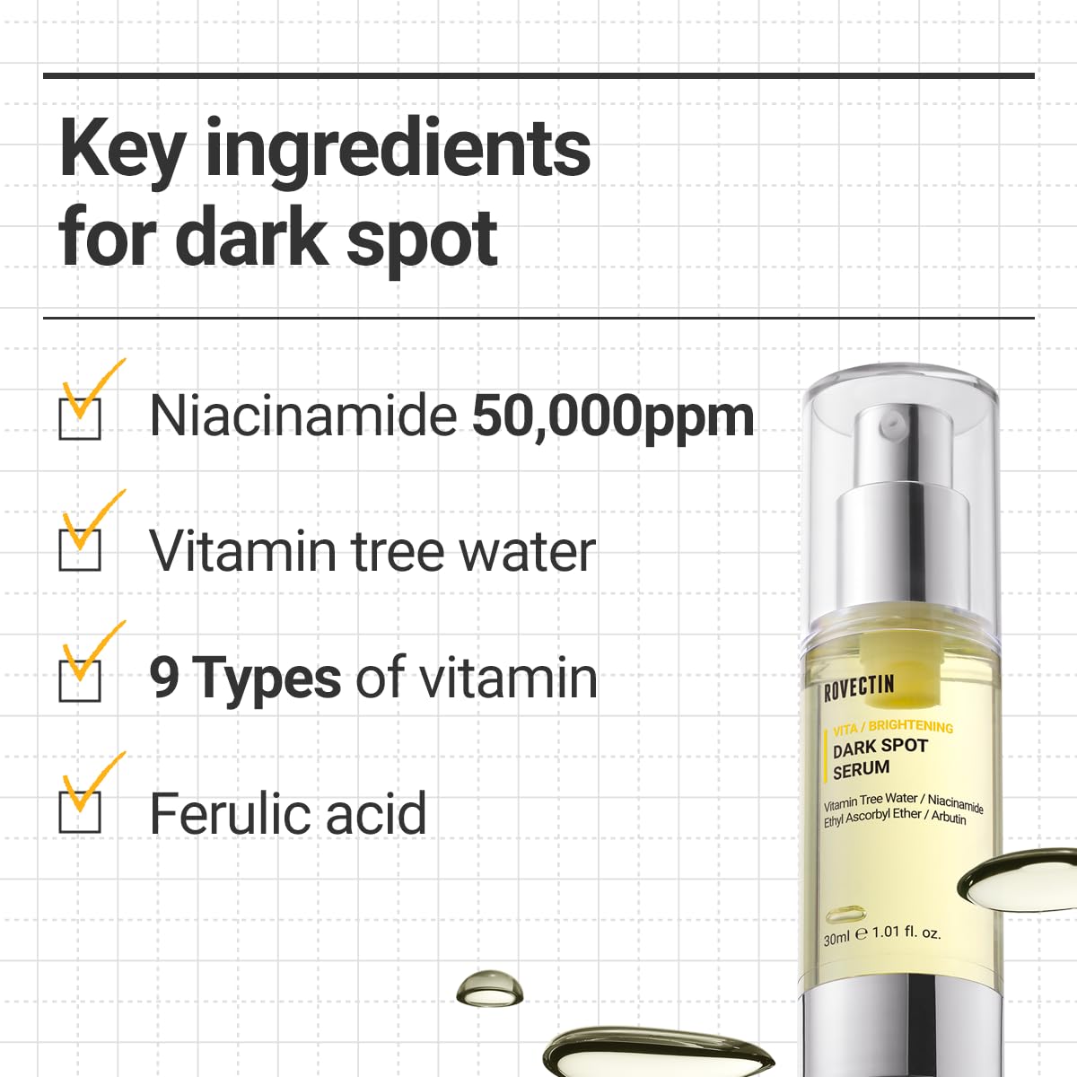 ROVECTIN Vita Dark Spot Serum for Clearing Blemish and Evening Skin Tone | Rich Vitamin C, Brightening, Hydrating For Dry, Sensitive, Normal, Oily Skin | Vegan K-Beauty (1.01 Fl. Oz, 30ml)-GlimoraGlow