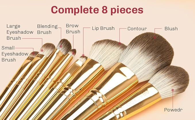 8pcs Gold Makeup Brush Set for All Skill Levels Easy Clean Soft Lint Free Brushes Travel Friendly Kit Foundation Powder Eyeshadow Blush Contour-GlimoraGlow