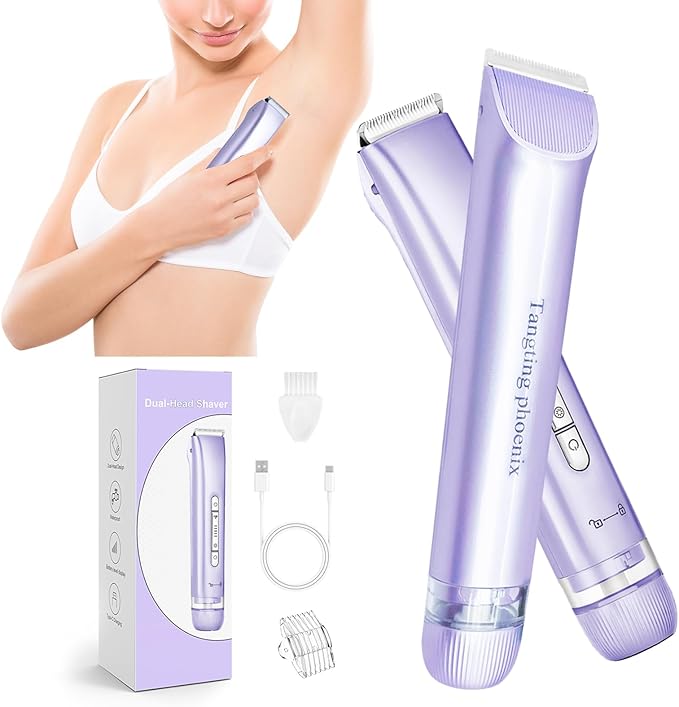 2-in-1 Electric Shaver & Bikini Trimmer for Women-Painless Electric Razor for Face,Body & Intimate Areas,Cordless Wet/Dry Shaver with Dual Blades,Waterproof for Shower&Travel(Purple)-GlimoraGlow