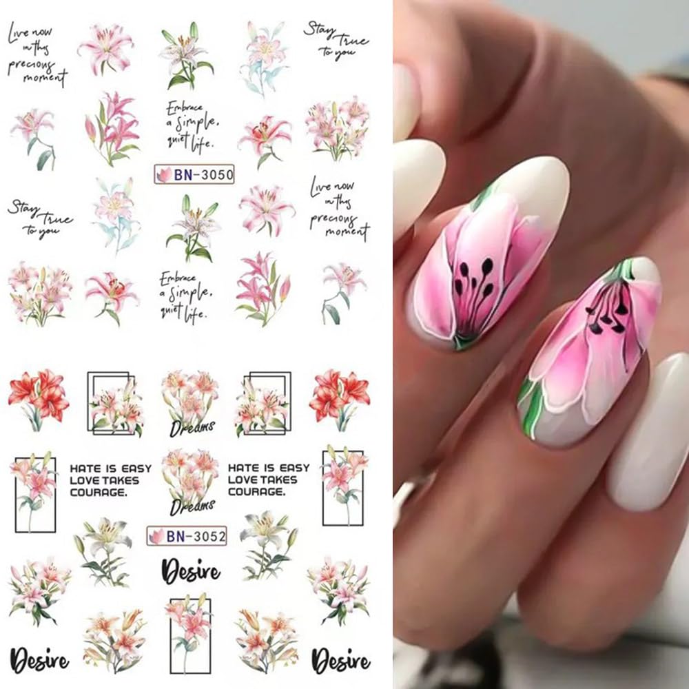 12 Designs Flower Nail Art Stickers - Lily Acrylic Decals for Spring Summer Decorations - Colorful Assorted Floral Water Transfer Slider Foil Sticker for Women-GlimoraGlow