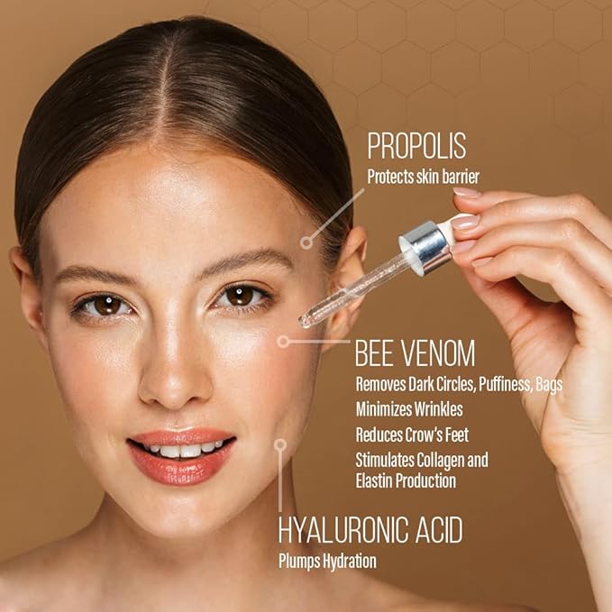 BEE and YOU Eye Cream, Anti Aging, Anti Wrinkle Serum 100% Natural with Bee Venom, Propolis Extract, Raw Honey, Hyaluronic Acid, For Dark Circles Under Eye Treatment and Puffiness, Skin Care, 15ml-GlimoraGlow