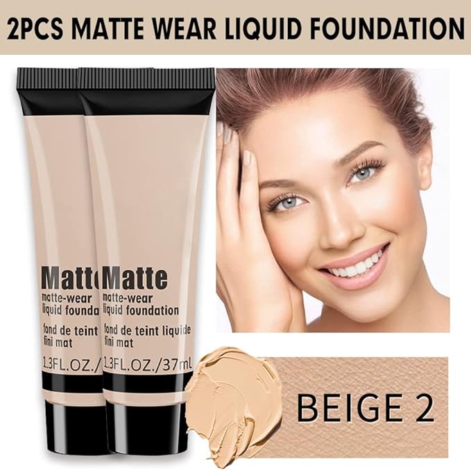 2 Pack Liquid Foundation Cream for Face Makeup,Durable Full Coverage Matte Concealer Make Up,Oil Control & Waterproof Base Primer -1+1 Fl.Oz-BEIGE 2#-GlimoraGlow