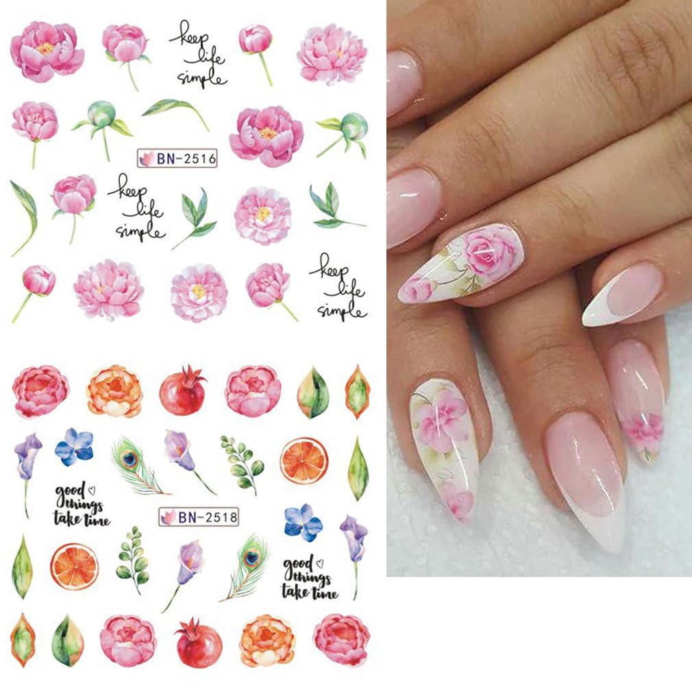 12 Sheets Flower Nail Water Transfer Decals, Nail Art Stickers for Women, Holographic Colorful Flower Leaf Patterns Nail Designs Supplies, Acrylic Nails Decorations DIY Resin Nail Decal Tattoos Set-GlimoraGlow