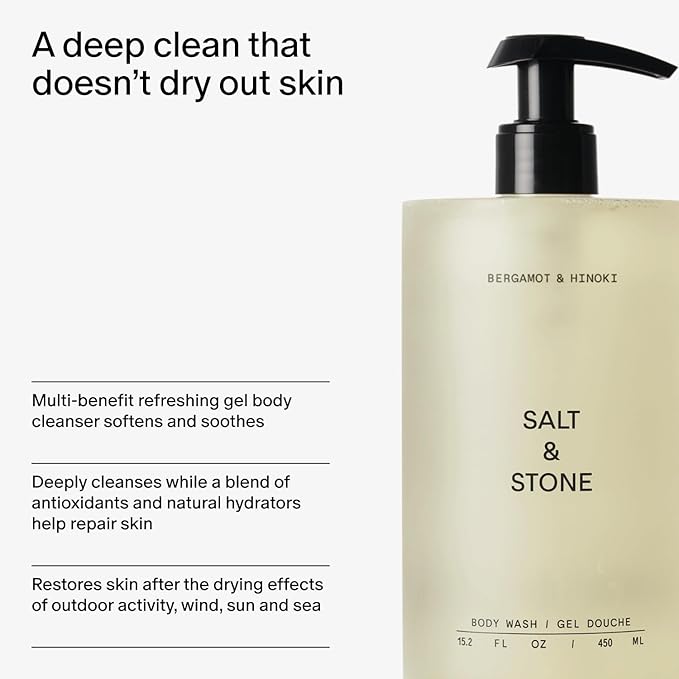 Salt & Stone Body Wash with Antioxidants for Deep Moisture | For Women & Men, Sulfate, Paraben, & Dye Free, Leaving Skin Soft and Hydrated | Bergamot & Hinoki 32 fl oz-GlimoraGlow