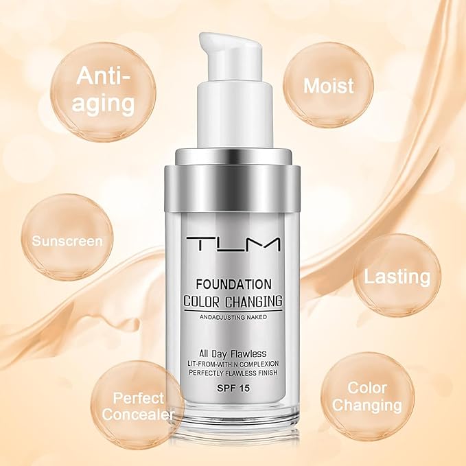 2 PACK TLM Color Changing Foundation Liquid Base,TLM Concealer Cover Cream,All Day Flawless Warm Skin Tone BB Cream Makeup Base Concealer for All Skin SPF15-GlimoraGlow
