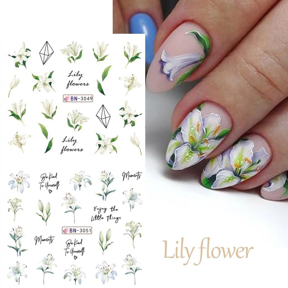12 Designs Flower Nail Art Stickers - Lily Acrylic Decals for Spring Summer Decorations - Colorful Assorted Floral Water Transfer Slider Foil Sticker for Women-GlimoraGlow