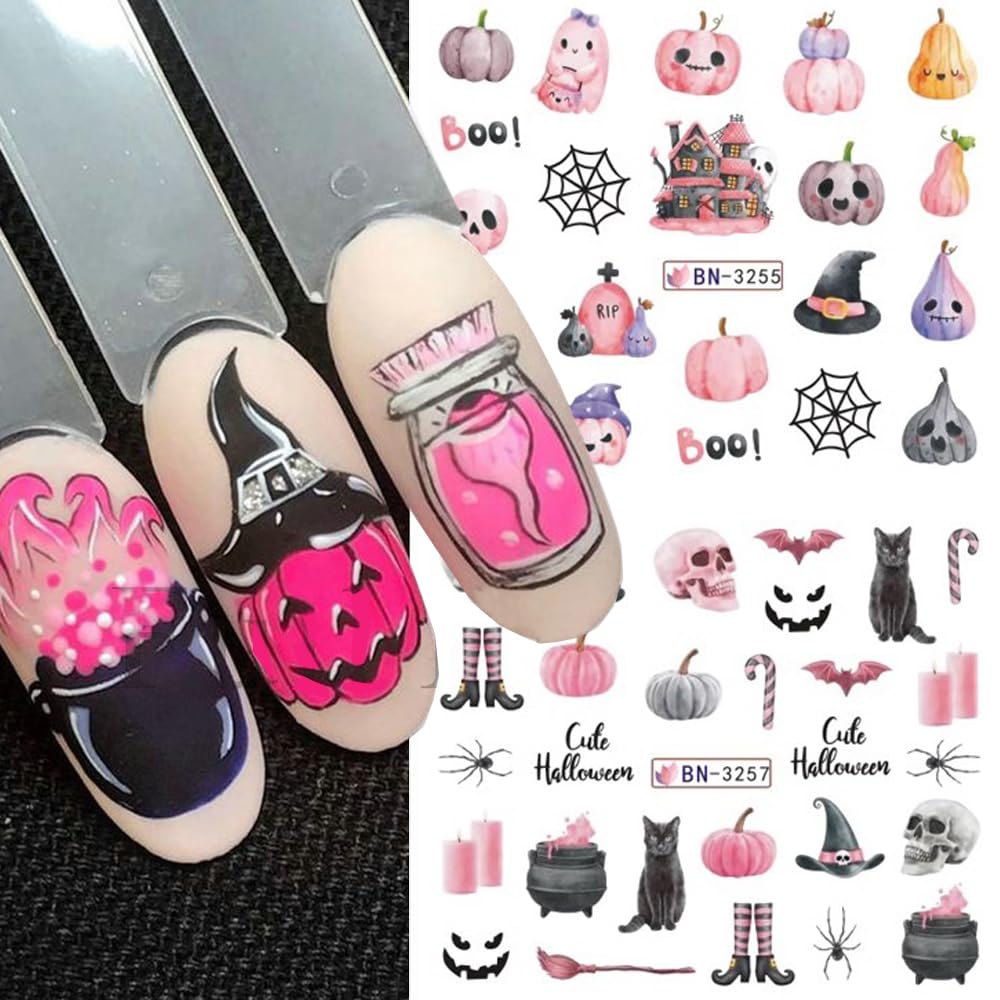 12 Sheets Halloween Nail Art Stickers Pink Pumpkin Water Transfer Nail Decals Cute Ghost Spider Skeleton Acrylic Nail Stickers for Women DIY Manicure Tips Halloween Nail Art Decorations Supplies-GlimoraGlow