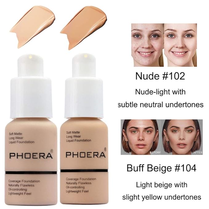 2 Pcs Phoera Foundation Makeup 102 and 104 Liquid Full Coverage 24HR Matte Oil Control Foundation Makeup Concealer (Nude & Buff Beige) with Kabuki Foundation Brush Flat Top-GlimoraGlow