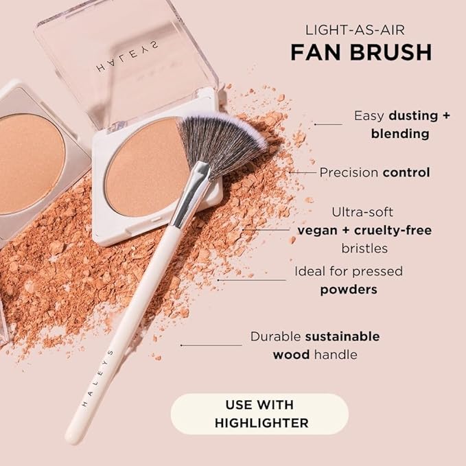 HALEYS Fan Brush VEGAN+CRUELTY-FREE, Sustainable Wood, Vegan Bristles for Airbrushed Finish, For highlighter application, Streak-free, Perfect Blending, Blurs, Smooths with Control-GlimoraGlow