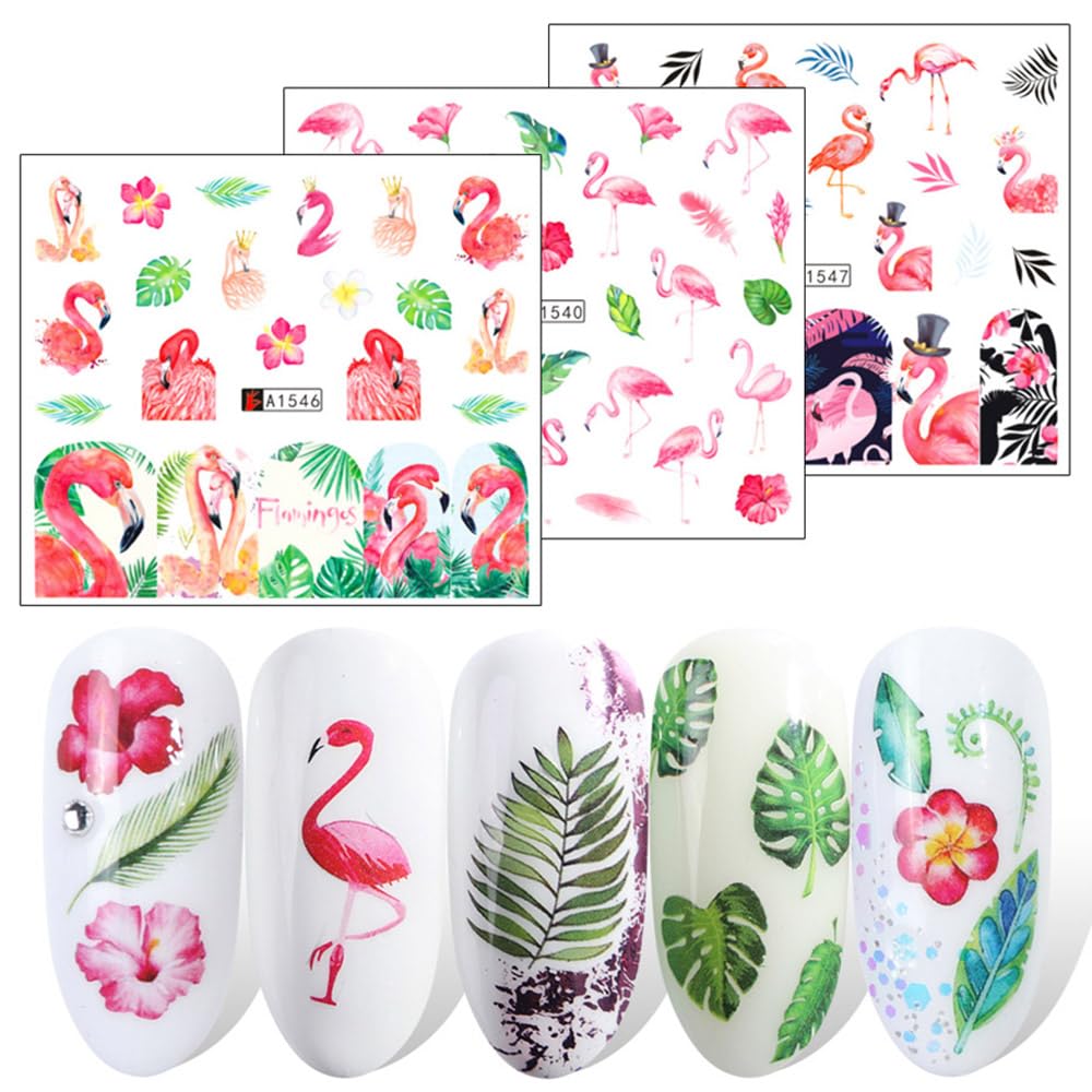 12 Sheet Flamingo Nail Art Stickers Cute Flamingo Green Leaf Design Water Transfer Nail Decals Summer Nail Art Decorations Waterproof Acrylic Nail Stickers for Women DIY Manicure Tips-GlimoraGlow